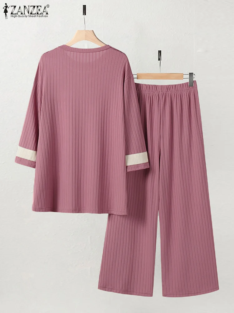 ZANZEA-conjuntos musulmanes Vintage para mujer, blusa de retazos, pantalones, trajes Eid Mubarek Ramadán, ropa islámica, 2 piezas, verano, 2024