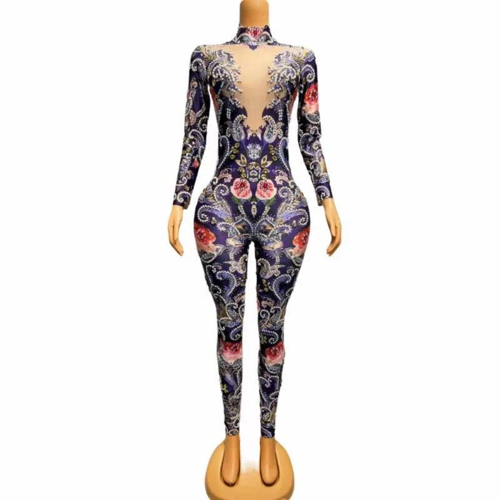 

2023 Women Jumpsuits Flower Crystals Drag Queen Outfit Birthday Stage Performance Costume Celebrate Rhinestone Festival Wear