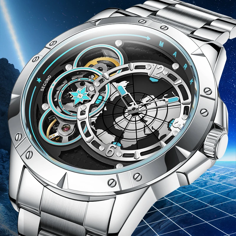 Mark Fairwhale Men's Automatic Mechanical Watch Fashion Tourbillon Waterproof Hollow Design Business Wristwatch
