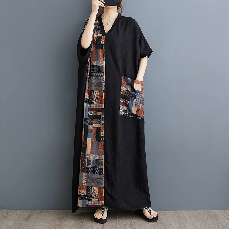 Summer New plus Size Long Cotton Linen Print Slim V Ne ort Sve Color Blo Bla Dr with ket Loose Fit Commute S...