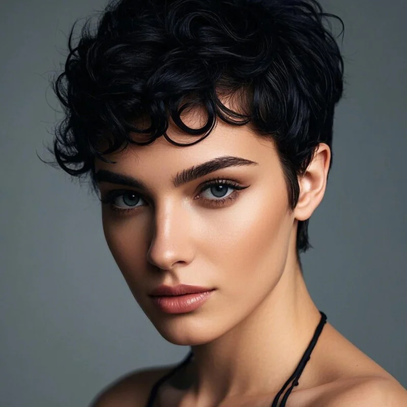 Short Curly Human Hair Wigs for Women Black No Lace Pixie Cut Glueless Wig Soft