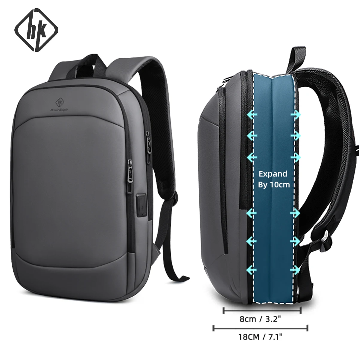 HK Business Backpack for Men 17 Inch Laptop Backpack with USB Port Slim Expandable Waterproof Travel Bag Large Work Computer Bag