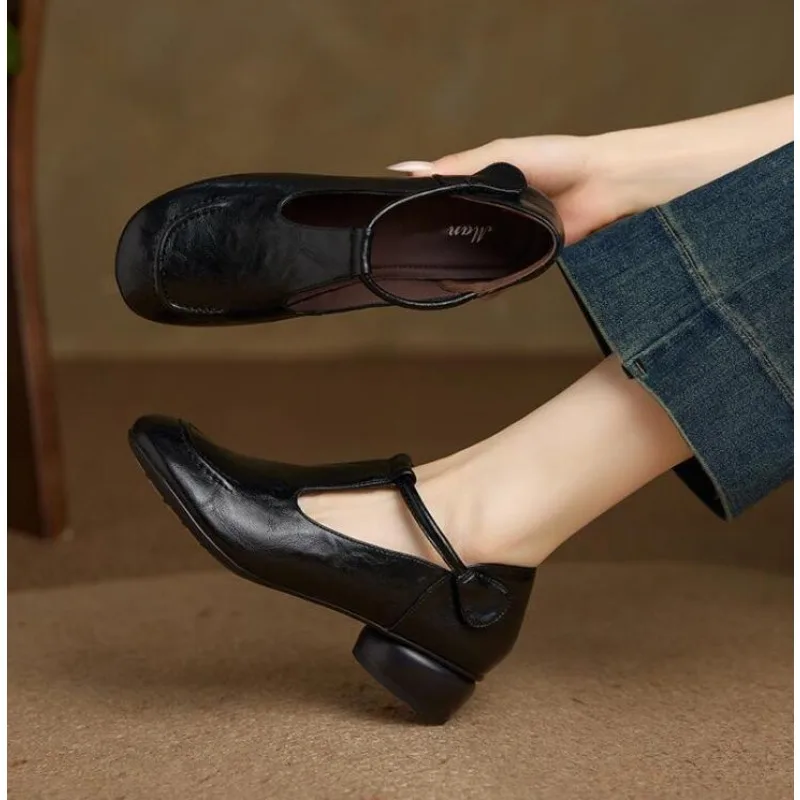34-43 Spring Autumn Genuine Leather Women's Shoes Low Heel Deep Mouth Single Shoes Women Round Toe Not Tired Feet Soft Comfort