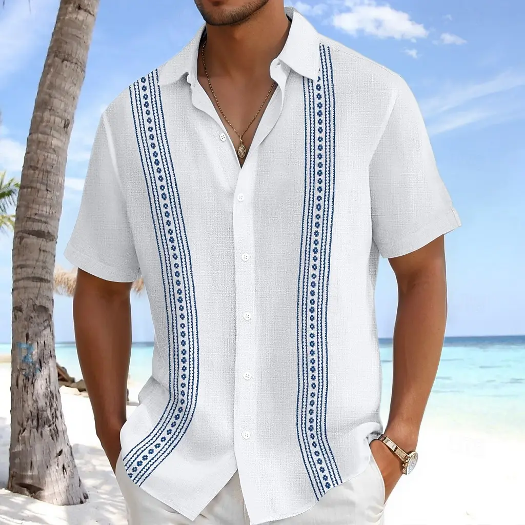 Men's Vertical Stripe Short Sleeve Button Down Shirt – Casual Beach Top For Summer Vacation & Daily Casual Wear