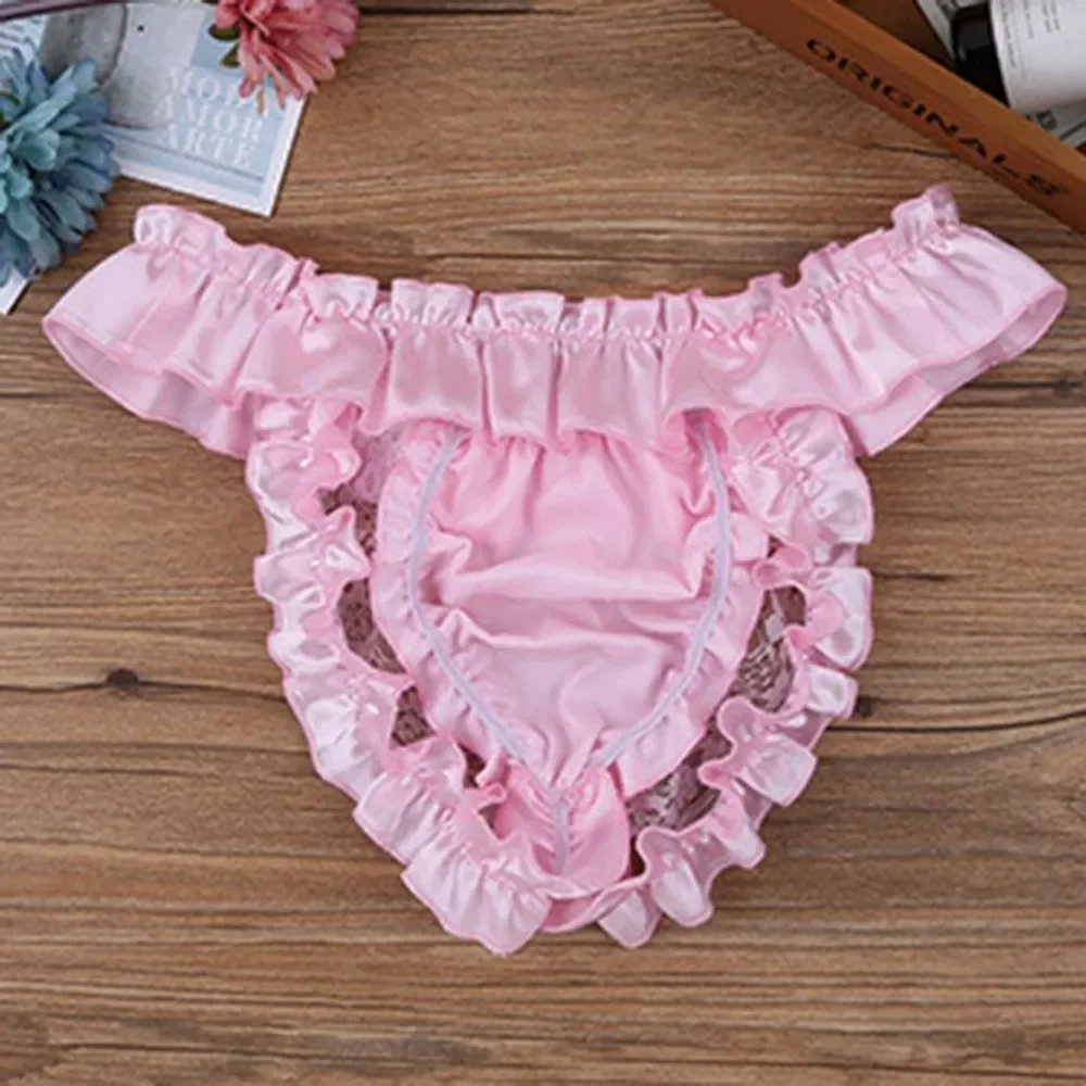 Men Sexy Hollow Out Exposed Buttocks Thong Briefs Satin Lace Border Panties Sissy Underwear Bowknot Seductive Underpants