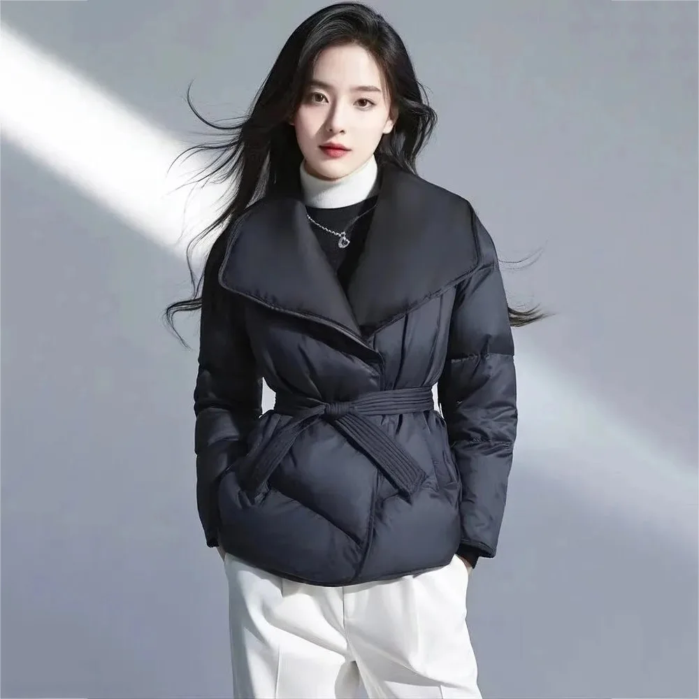 

European Style Suit Collar Short Jacket Women Autumn Winter 2026 New Fashion Waist Cinching Slim Fit Warm Parkas Top