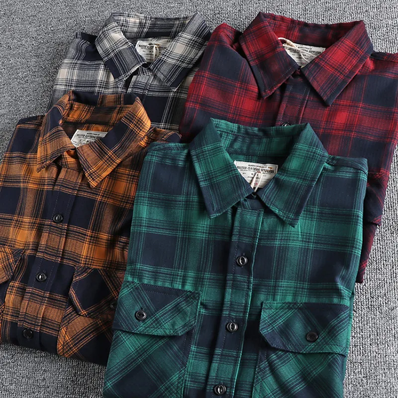 Summer New American Retro Thin Twill Classic Cargo Plaid Shirt Men\'s Fashion Short Sleeve Lapel Double Pocket Casual Blouses