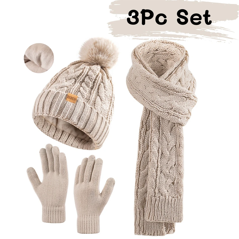 Gorro con pompón cómodo de invierno, bufanda larga de punto, guantes con pantalla táctil, conjunto de tres piezas, adecuado tanto para hombres como para mujeres