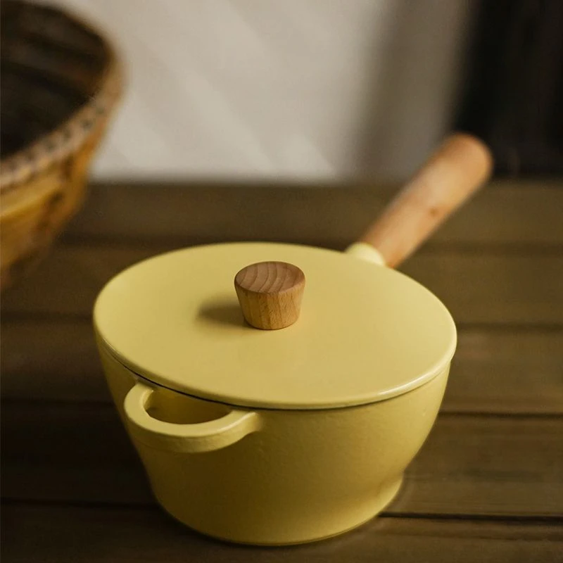 Enameled Soup Pot Small and Exquisite Home Small Stew Pan High Appearance Kitchen Uncoated Non-stick Cooking Pot Wooden Handle