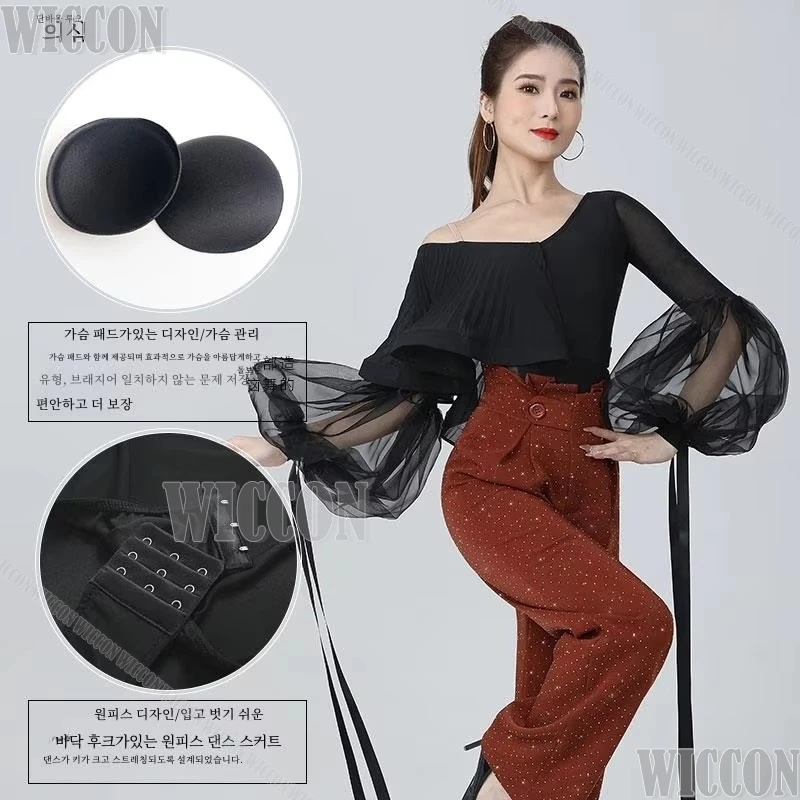 High end Dance Clothes Sloping Shoulder Pleat Puff sleeve Jumpsuit Ballroom Dance Clothes 2024 New Dance Top Customized