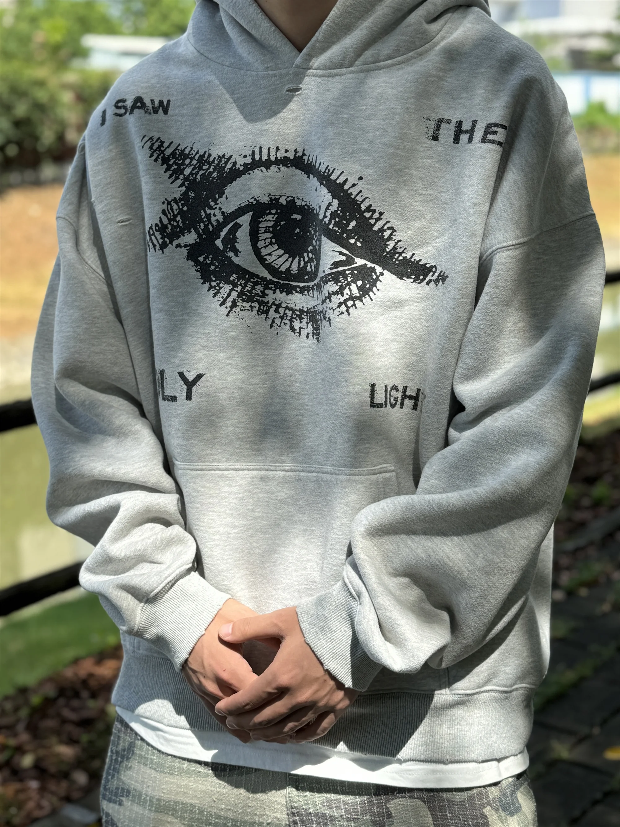 24SS Vintage Style Holy Eyes Print Quality Full Cotton High-Street Casual Loose Distressed Design Hooded Sweater Hoodies