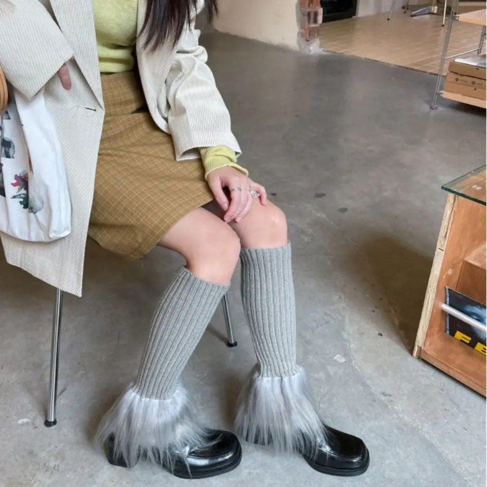 Fashion Lolita Plush Leg Warmers Solid Color Pile Up Socks Knitted Foot Cover Hosiery Patchwork Stockings Women Female