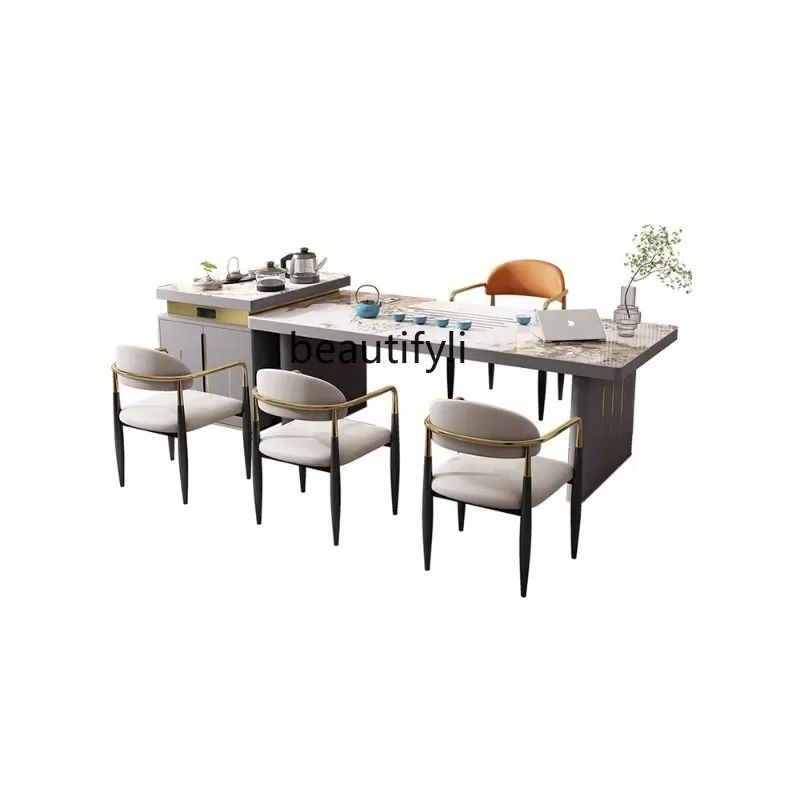 

02 Italian Light Luxury Stone Plate Table-Chair Set Simple Modern Large Apartment Home High-End Kung Fu Tea Table Desk Integrate