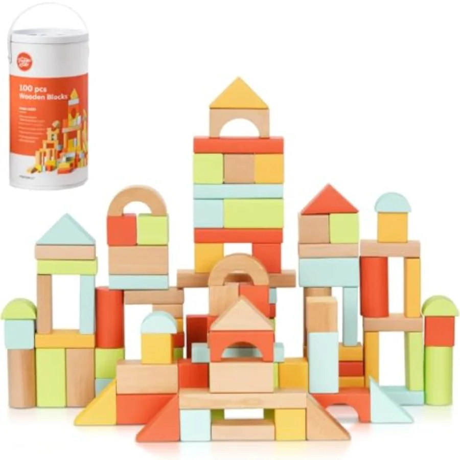

100pcs Building Blocks for Toddlers 1-3, Wooden Blocks for with Storage Bucket and Shape Sorter Lid Montessori Toys for 1 2 3 Y