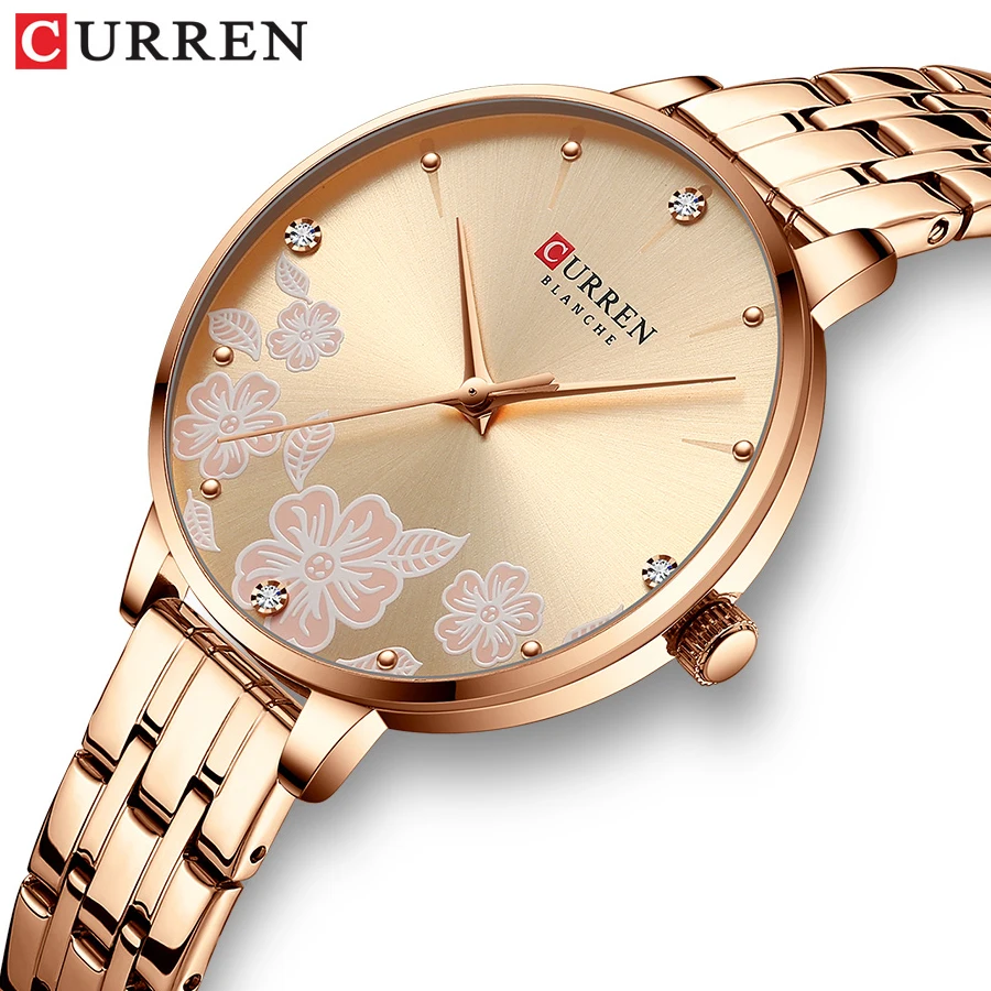 CURREN Fashion Quartz Wristwatches for Women Simple Stainless Steel Watch Bracelet with Flower Design Dial