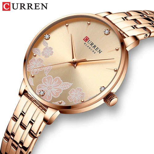CURREN-Relojes de pulsera de cuarzo para mujer, pulsera Simple de acero inoxidable con esfera de diseño de flores