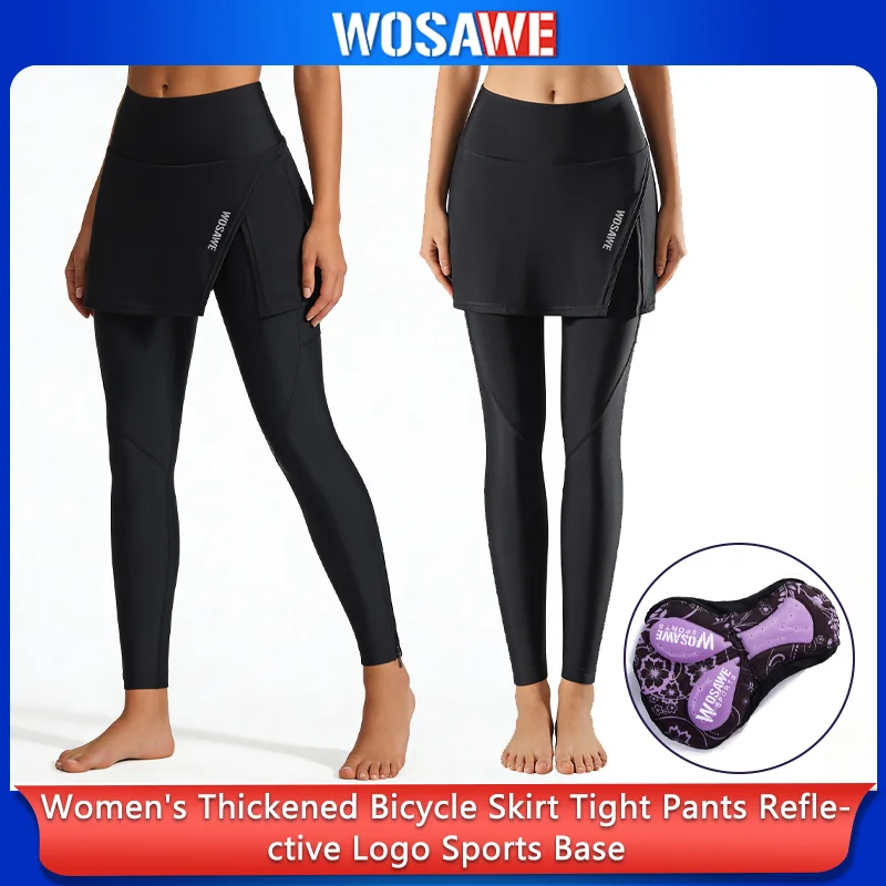 

WOSAWE Cycling Skirt Tights Women 2 In 1 Padded Bike Leggings High Waist Reflective Road Bike Pants Outdoor Riding Skort Fitness
