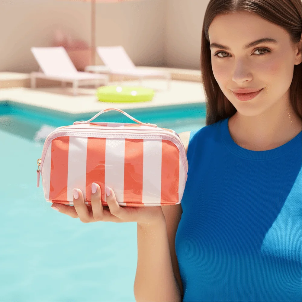 Durable Striped Cosmetic Bag Lightweight and Portable Contrast Color PVC Makeup Organizer Compact Size Multipurpose Storage