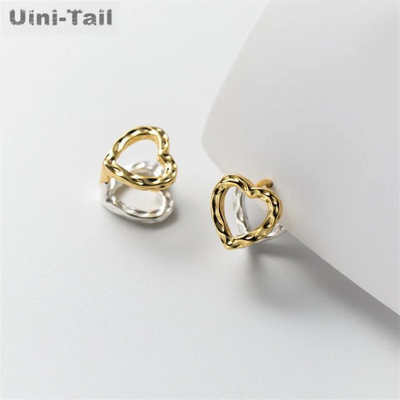 Uini-Tail Hot Selling New 925 Tibetan Silver Exquisite Fashion Two tone Hollow Heart shaped Ear Clasp Temperament Dynamic Trend