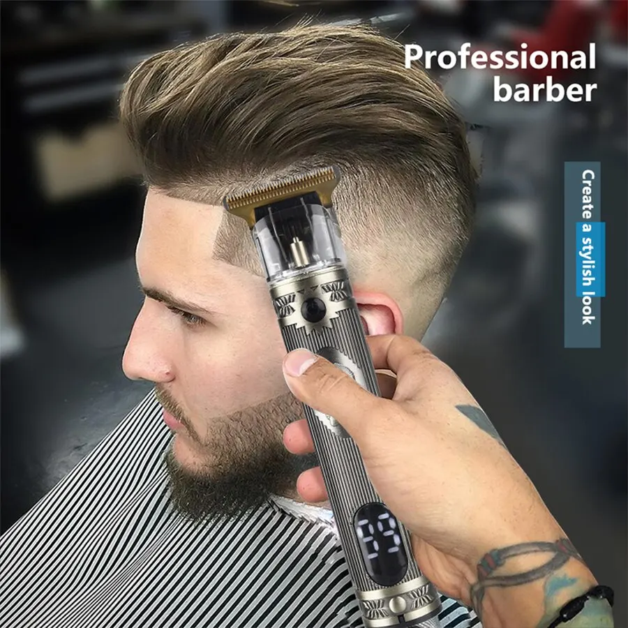 مقص شعر بشاشة رقمية كهربائية ، آلة قص ونحت ، شحن برأس زيت ، مظهر عتيق ، مصفف شعر منزلي