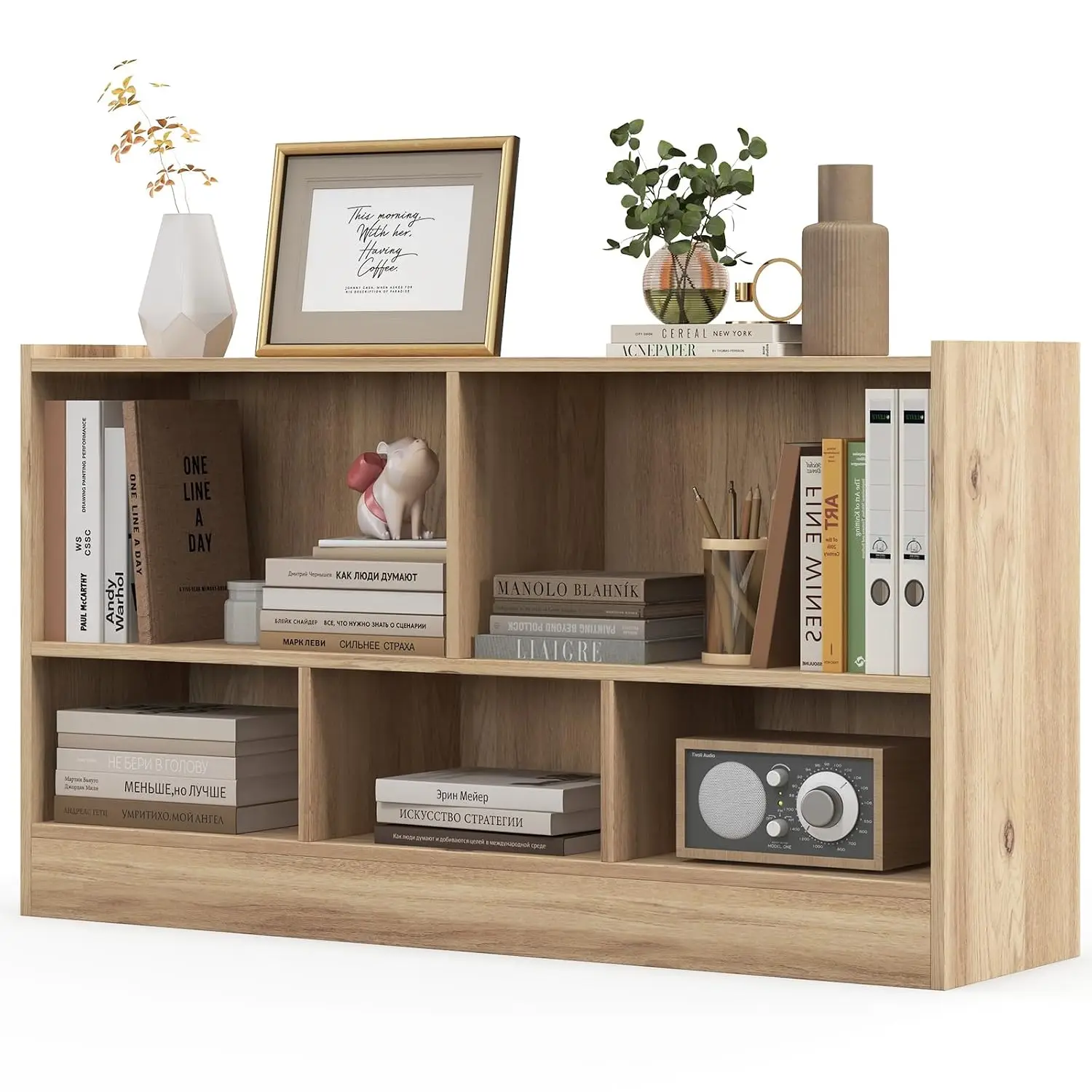 2 Tier 5 Cube Wooden Storage Open Bookcase Shelf Natural, Customized