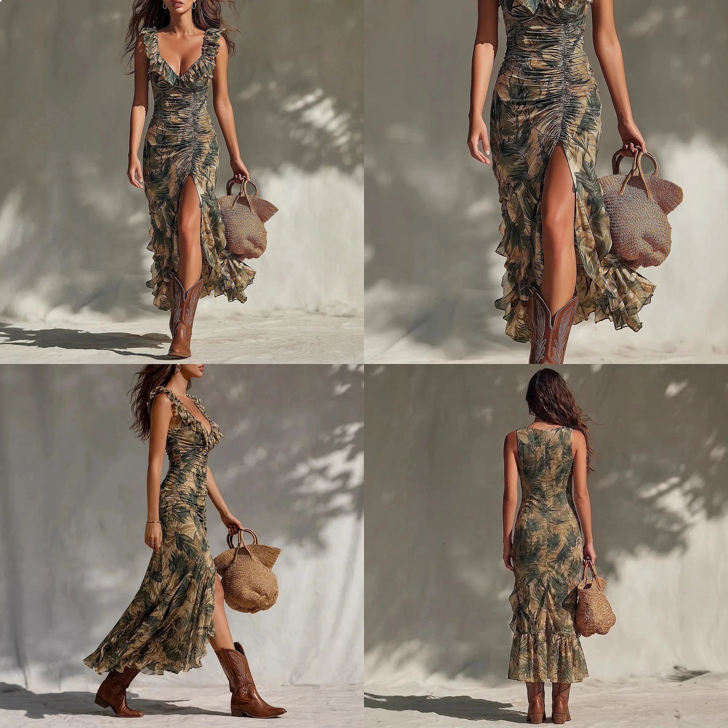 

Tropical Print V Neck Split Dress Women Sleeveless Bodycon Long Dresses Summer Vacation Jumpsuits Playsuit