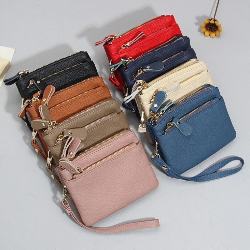Coin Purse for Women Leather Wristlet Double Zip Around Small Multi-Purpose Change Pouch for Coins, Cards, Keys & Makeup