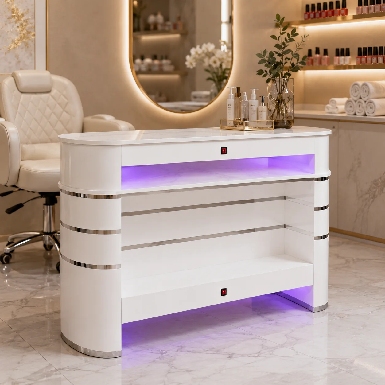 Nail Polish Drying Desk Double Layer Marble Surface 4 Built-in Fans 4 Lamps for Modern Commercial Nail Art Studio