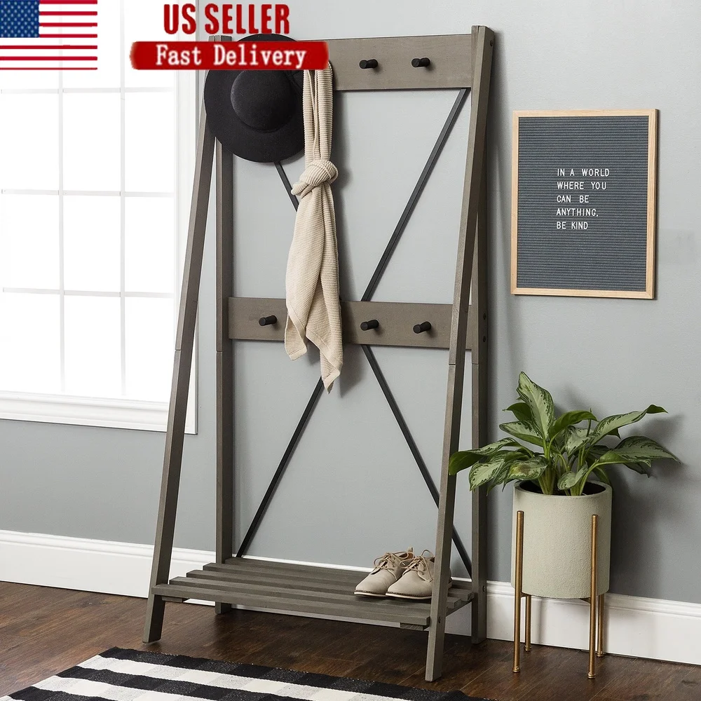 

Solid Wood Hall Tree with 8 Hooks Slat Style Shoe Rack Mudroom Storage Functional Bench Rustic Decor