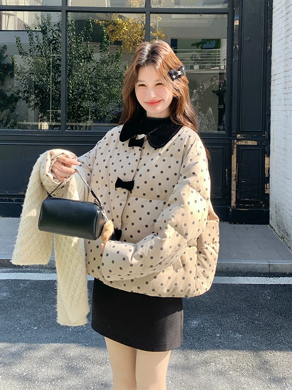 

Retro Polka Dot Bow Tie Women's ort down Jaet Sweet Youthful Thi Outerwear Winter 2025 New Sle Korean Loose Fit