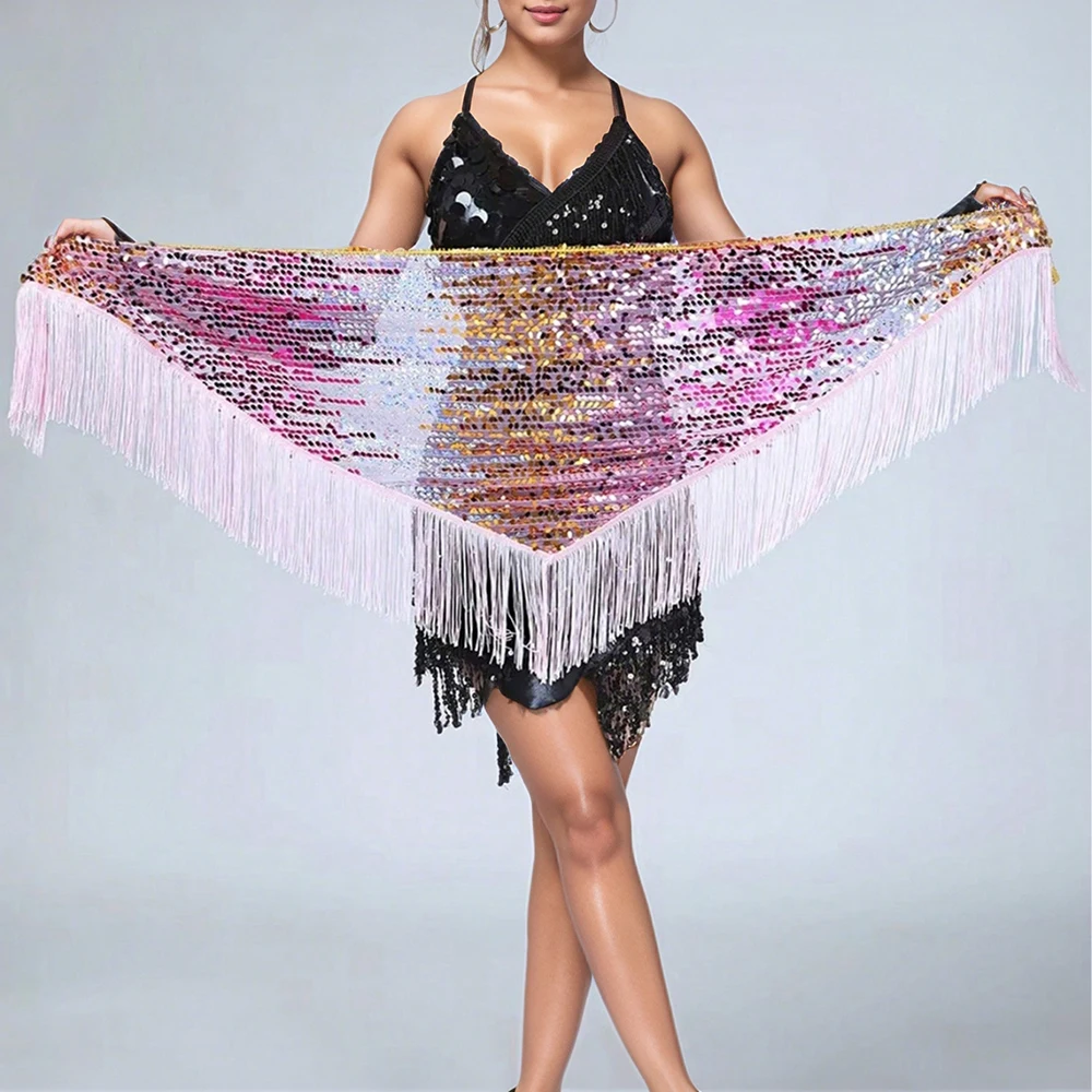 Women's Sequins Belly Dance Hip Scarf with Tassels & Gradient Triangle Lace-Up Skirt view 3