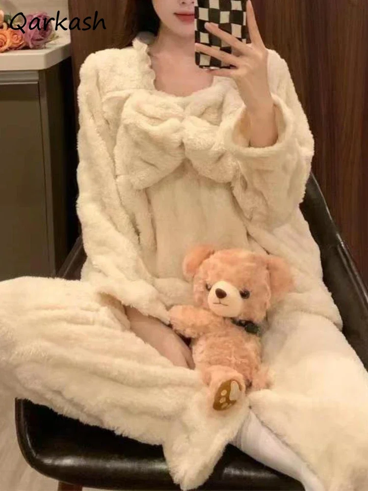 

Pajama Sets Women Winter Lovely Coral Velvet Warm Korean Style Homewear Sleep Soft Thick Ins Solid V-neck Sweet Fashion Students