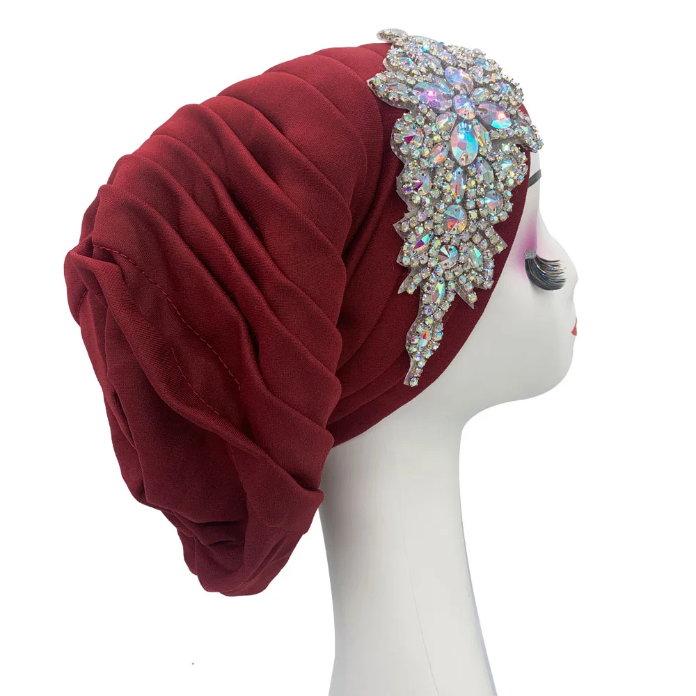 Luxury Rhinestones Women\'s Turban Cap Pleated African Head Wraps Muslim Hijab Lady Headscarf Bonnet Turbante Mujer