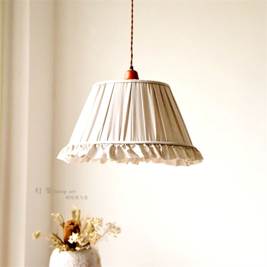 Cotton lampshade wood pendant lights vintage French nostalgic lamps Nordic countryside hanging study hallway lights fixtures