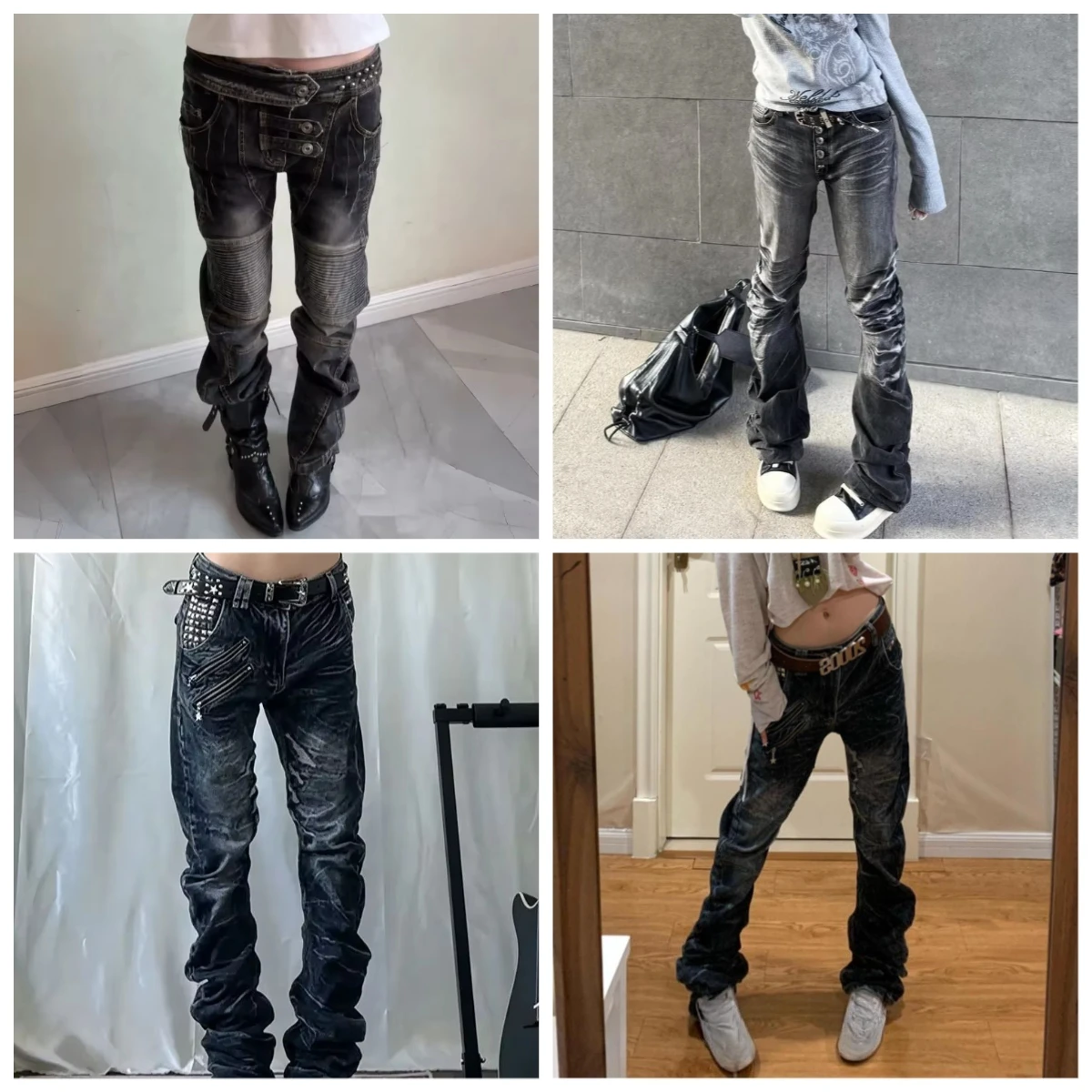 American Vintage Washed Distressed Pleated Button Jeans Women Streetwear Y2k Retro Full Length Pants Slim Zipper All Season