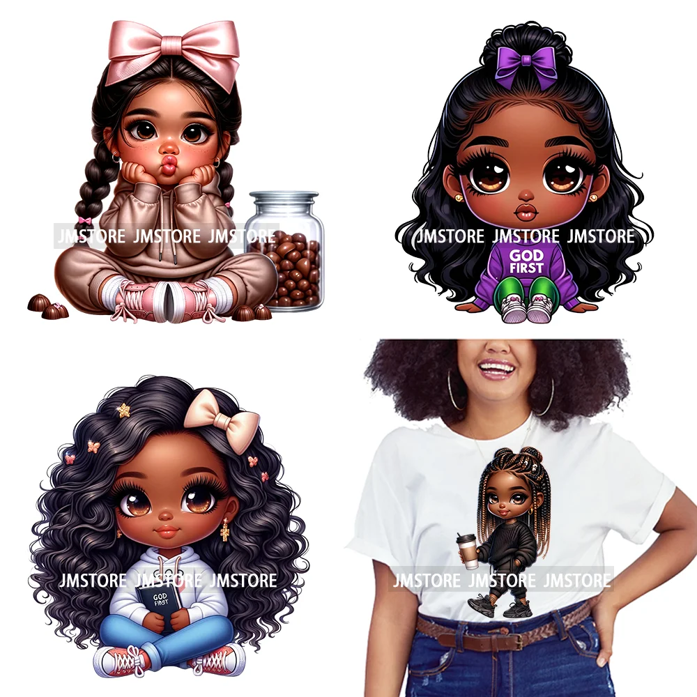 

Cute God First Chibi Black Baby Girl Afro Magic Kids Coffee Woman Iron On DTF Transfer Stickers Ready To Press For Clothes Bags