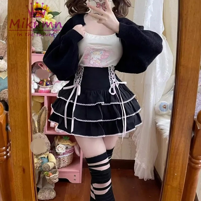 Mikumn-faldas plisadas de encaje Kawaii para mujer, minifaldas con lazo de cintura alta, estilo japonés Harajuku, hada Y2k