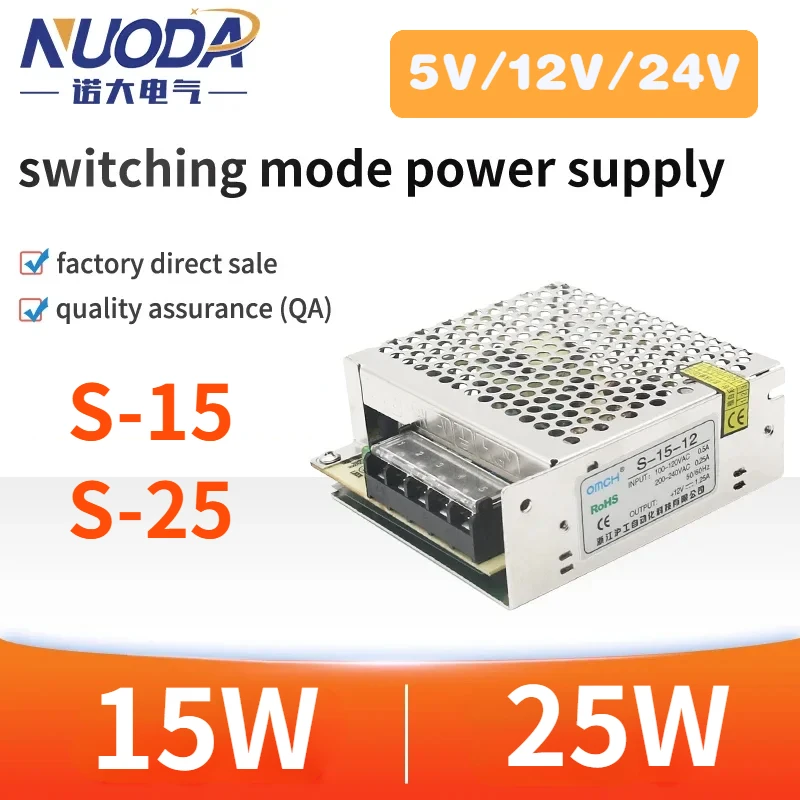 

SMPS Switching Power Supply S-15 S-25 Single Output Overload Protection Adjustable15W 25W AC DC Converter 5V 12V 24V Manufacture