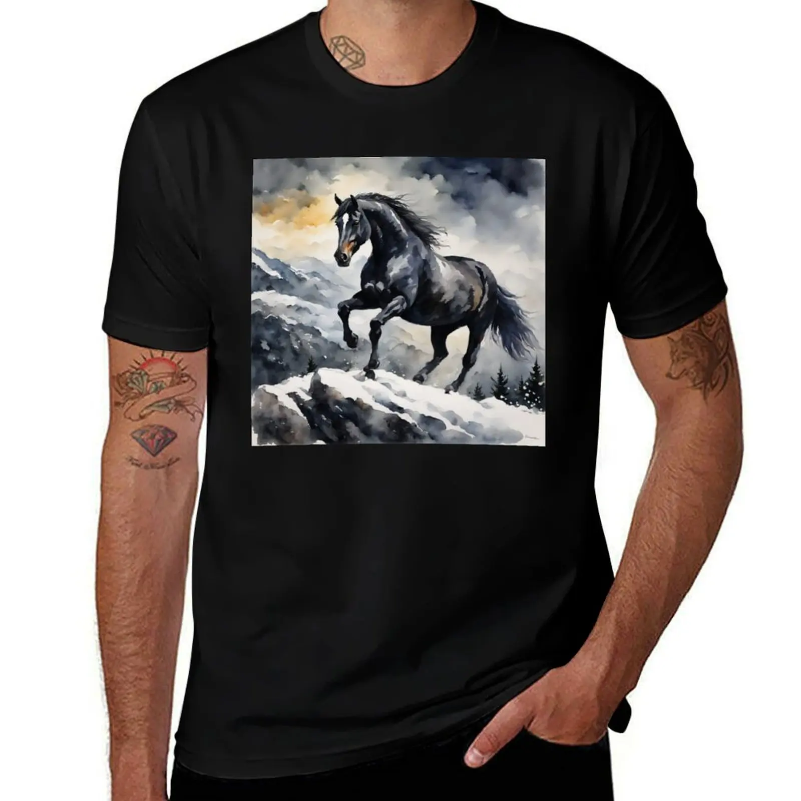 

Watercolor Black Horse In Snow T-Shirt anime figures anime shirt custom t shirt oversized t shirts for men