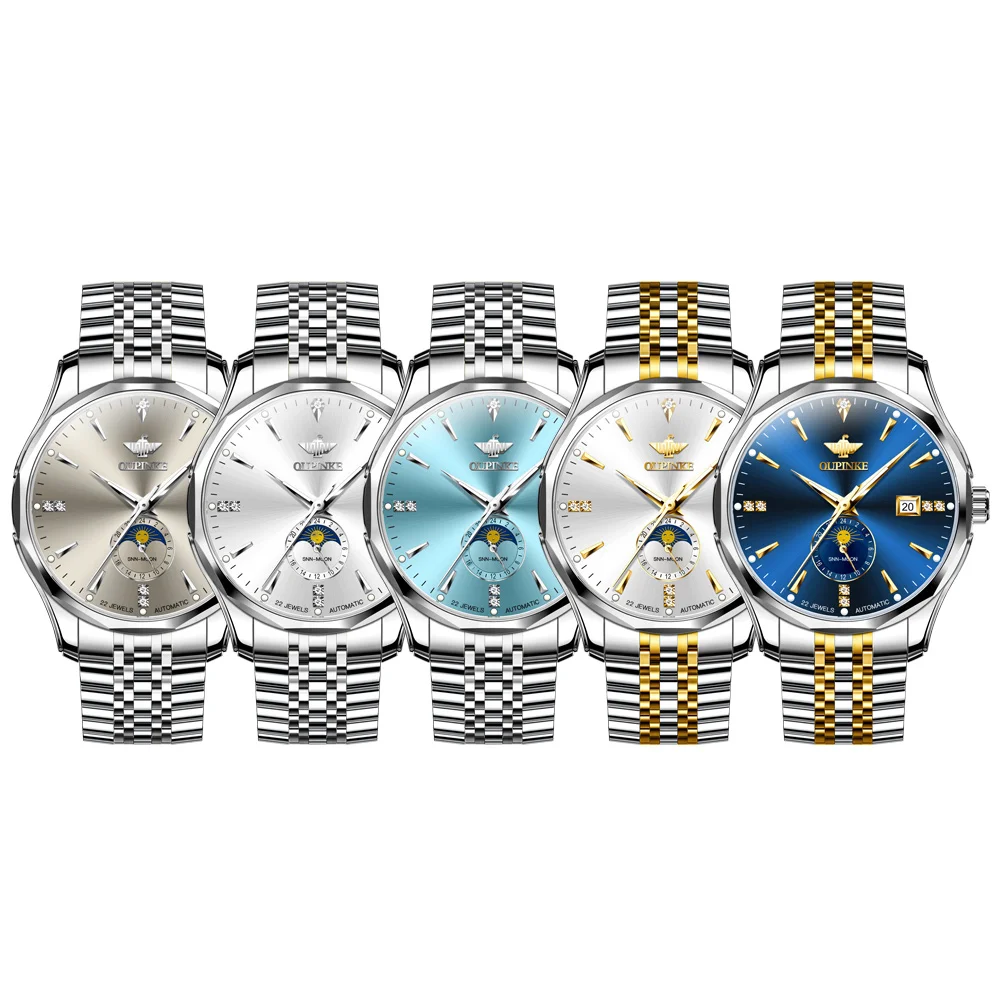 OUPINKE 3275 Mens Watch Luxury Automatic Mechanical Watch﻿ 50M Waterproof Luminous Stainless Steel Date Watches For Men New