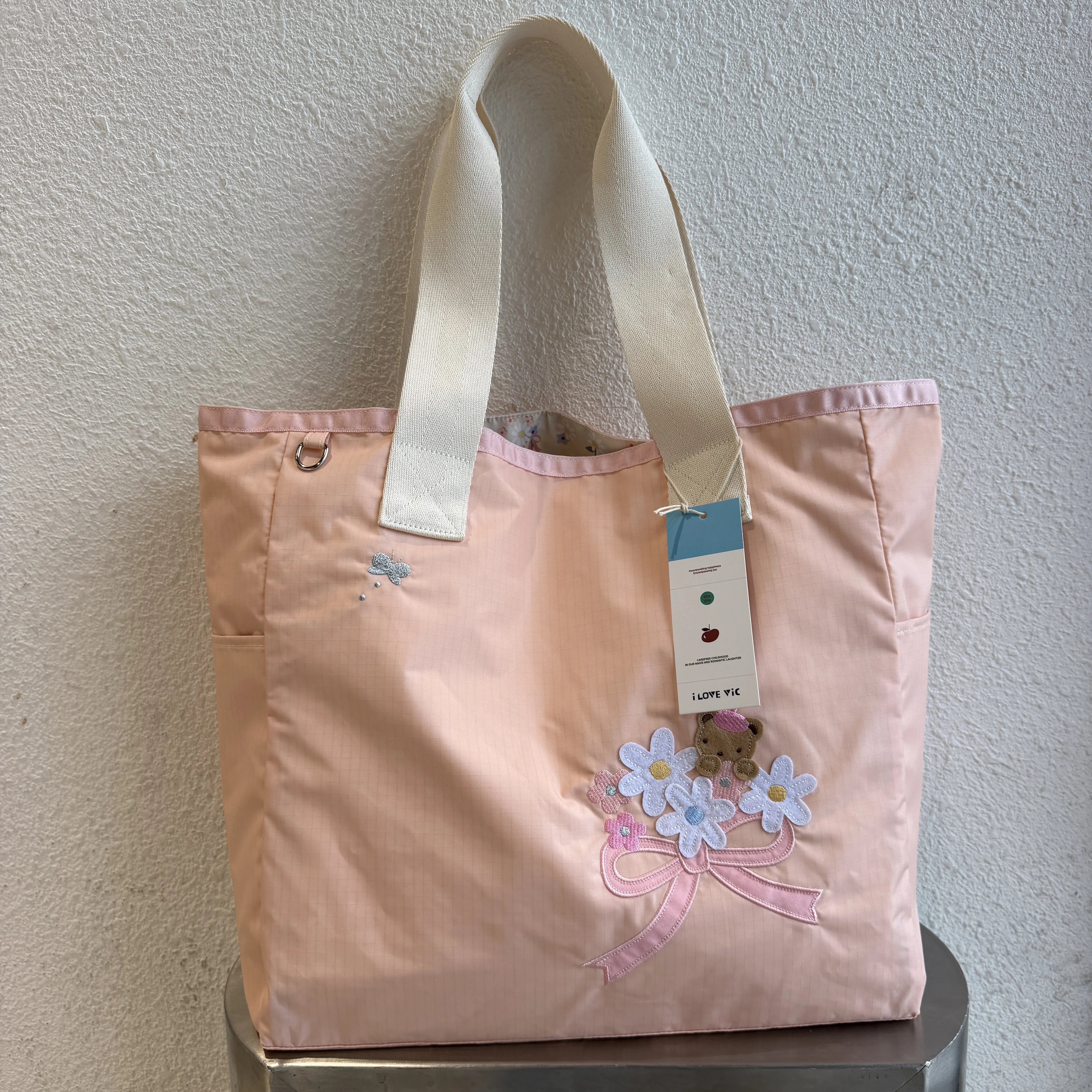 Korean Style Embroidered Bear Cartoon Pink Bowtie Handbag Double Sided Computer Bag Single Shoulder Bag for Commuting And Cas...