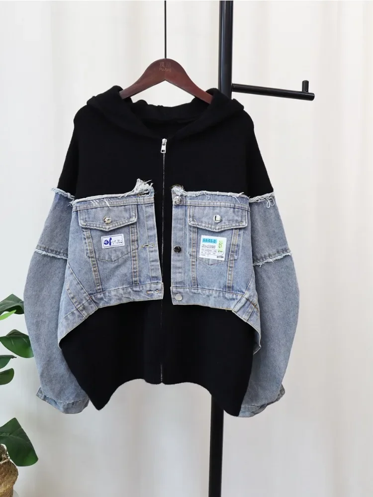 Denim Knitted Cardigan Autumn Winter Spliced Women's Hooded Korean Version Fashionable Loose Design Western Style Sweater Jacket