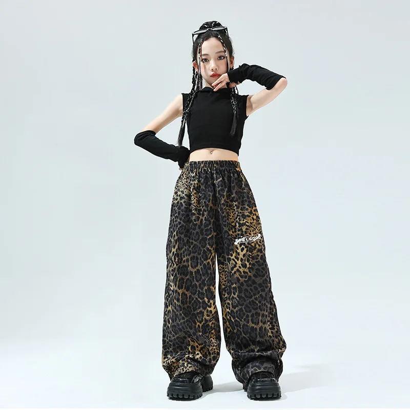 [5-17 Years Old] 2024 Girls Summer Crop Tops JAZZ Top Girls Loose Leopard Print Dance Performance Pants Hip Hop Girls