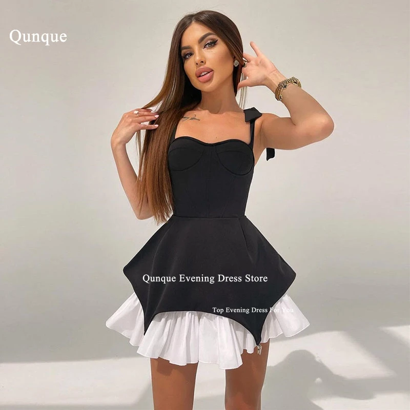 

Qunque Short Satin Homecoming Dresses for Teens Spaghetti Straps Prom Dress With Bow A Line Robes De Soirée Evening Party Gowns