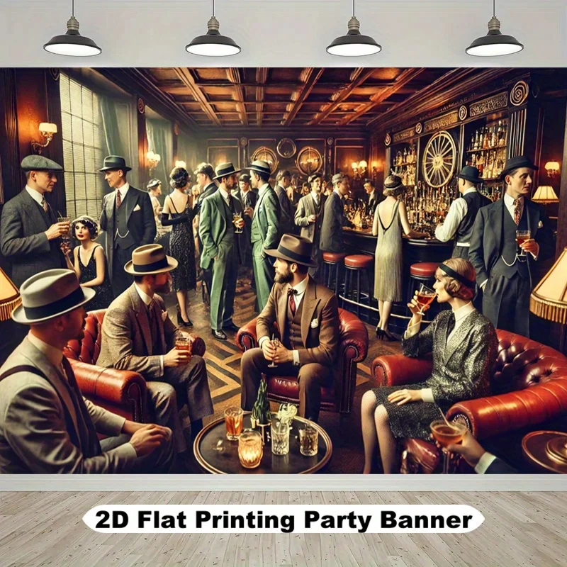 Vintage Speakeasy Bar Tapestry, 1920s Gangster Party Wall Hanging, Retro Jazz Club Decor for Man Cave Living Room Background