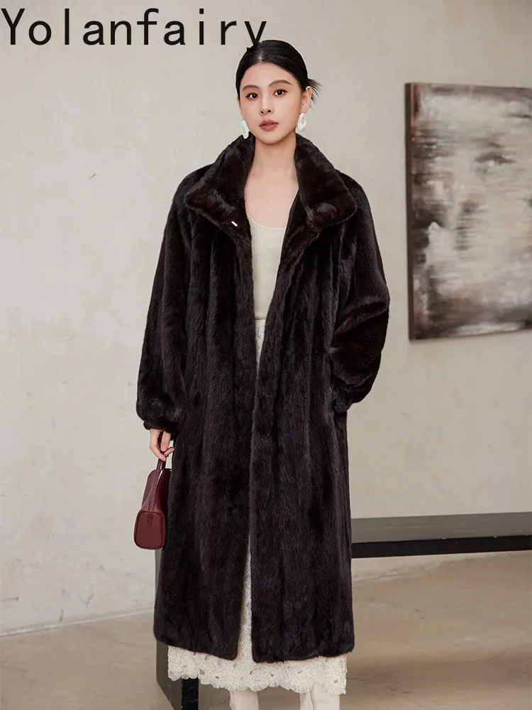 YOLANFAIRY 고급 천연 모피 코트 여성용 럭셔리 겨울 진짜 밍크 퍼 자켓 롱 따뜻한 모피 코트 아브리고 무헤르