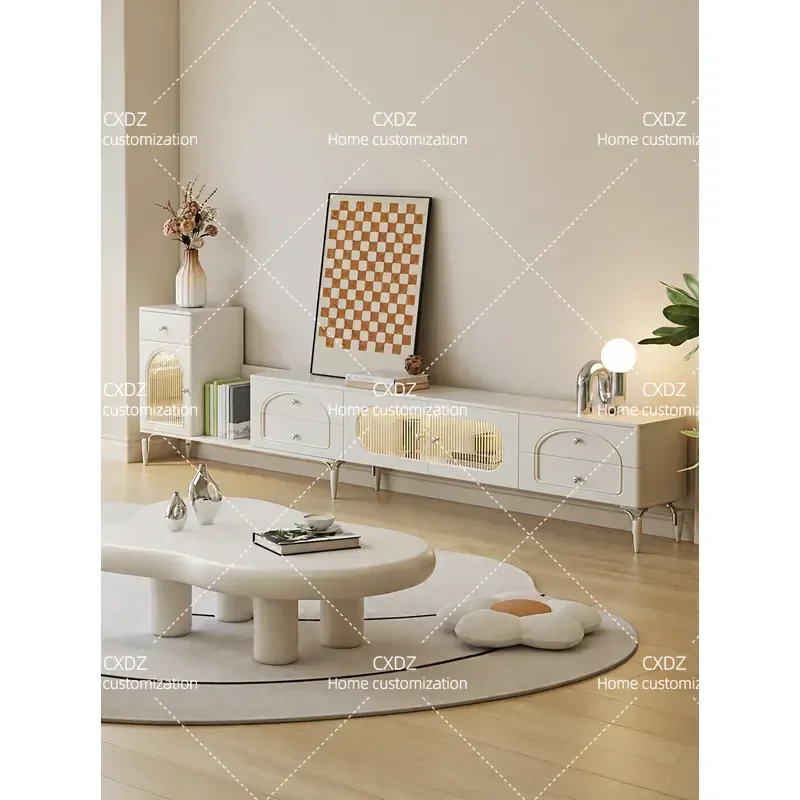 Hetu Cream Wind Telescopic TV Cabinet Coffee Table Combination Simple Modern Small Apartment Living Room Home Storage Locker