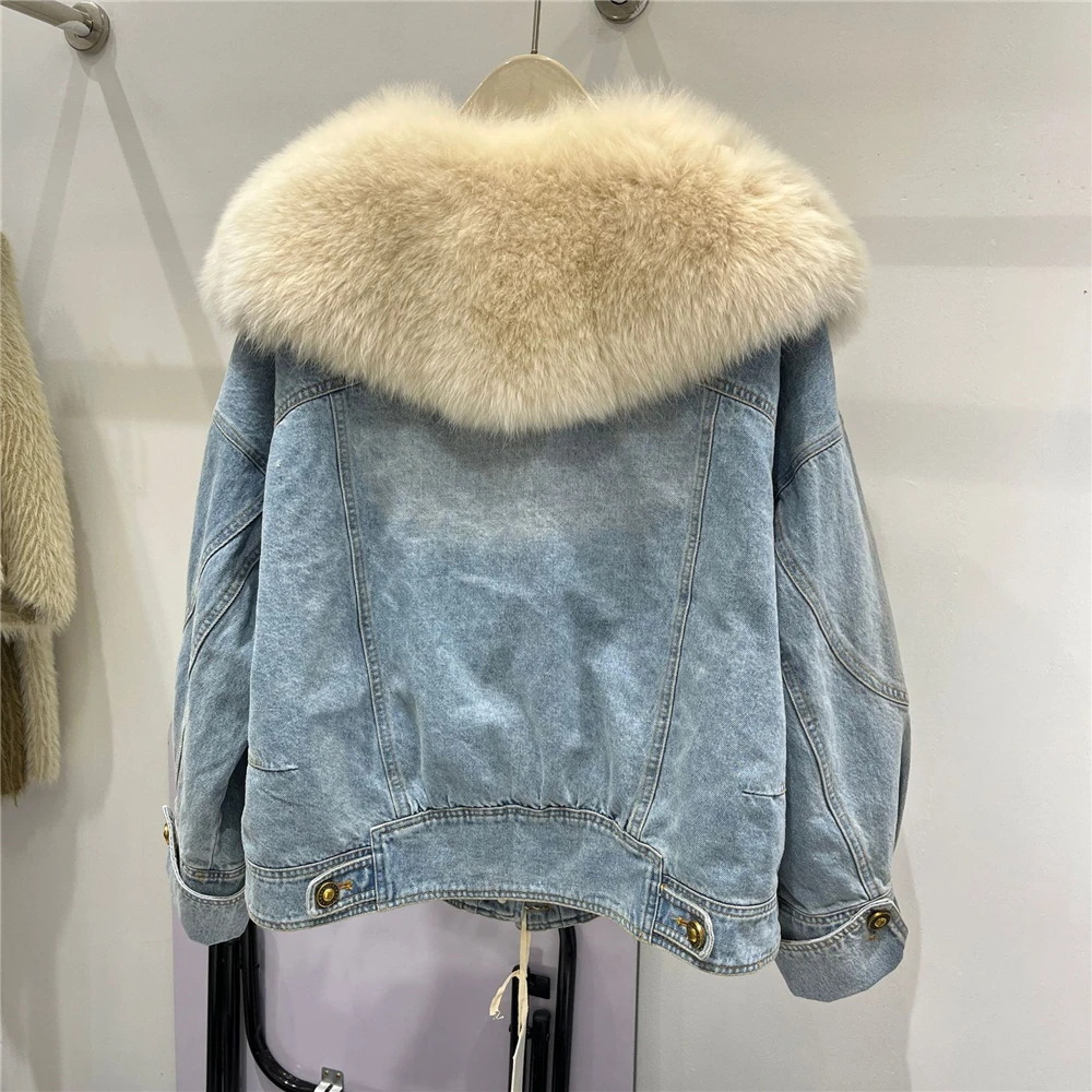 2023 winter new genuine fur coat for women Fashion luxury Fox fur collar denim jacket down liner parka female Outerwear Y3291