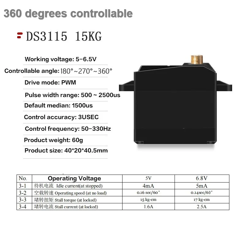 270/180/360 Steuerbarer Winkel DS3115 Servo 15 kg Einsachsiges Servo mit hohem Drehmoment Metall Digital Anti-Burn RC Klettern Auto Roboterarm