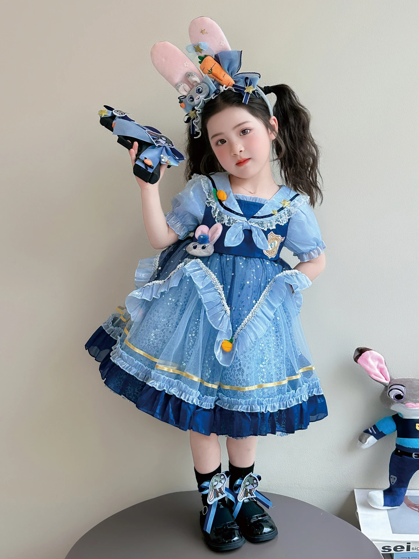 Vestido de Aniversário Estilo Princesa para Meninas, Saia de Tule Rodada de Cintura Alta, Manga Curta, Uniforme de Oficial co...
